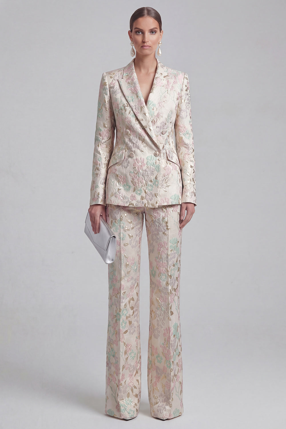 Floral Jacquard Peak Lapel Long Sleeves Champagne Pink 2 Piece Business Suits