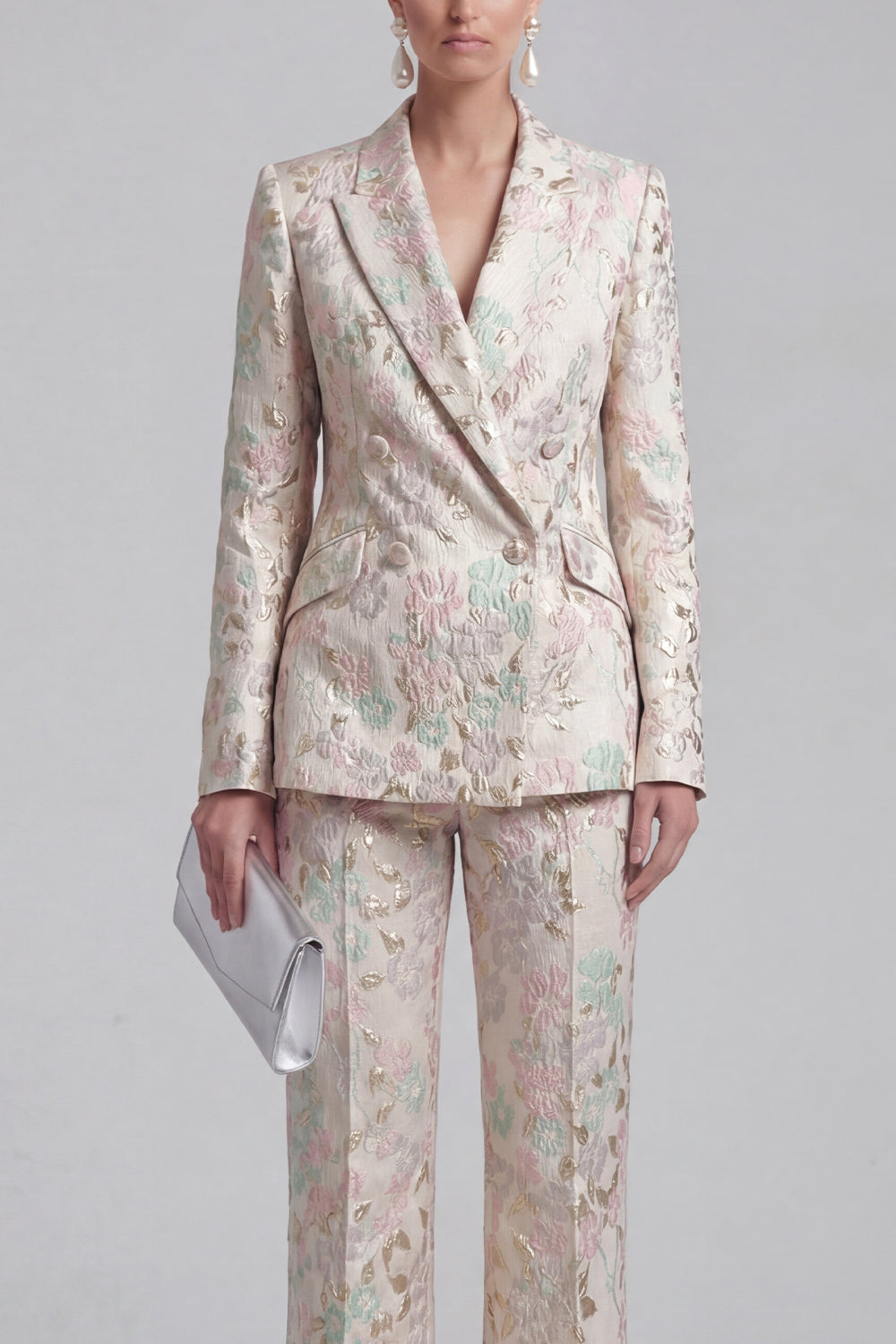 Floral Jacquard Peak Lapel Long Sleeves Champagne Pink 2 Piece Business Suits