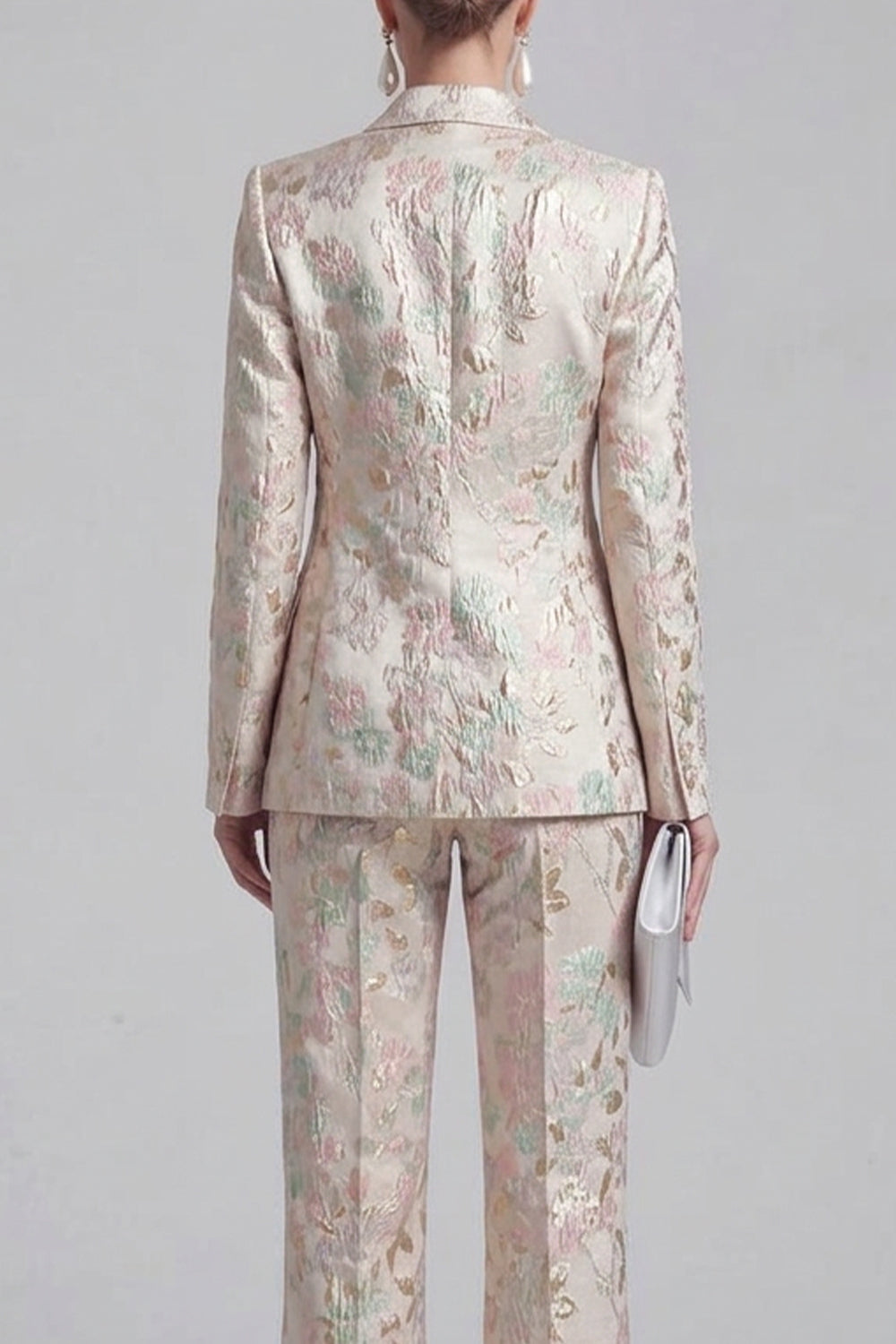 Floral Jacquard Peak Lapel Long Sleeves Champagne Pink 2 Piece Business Suits