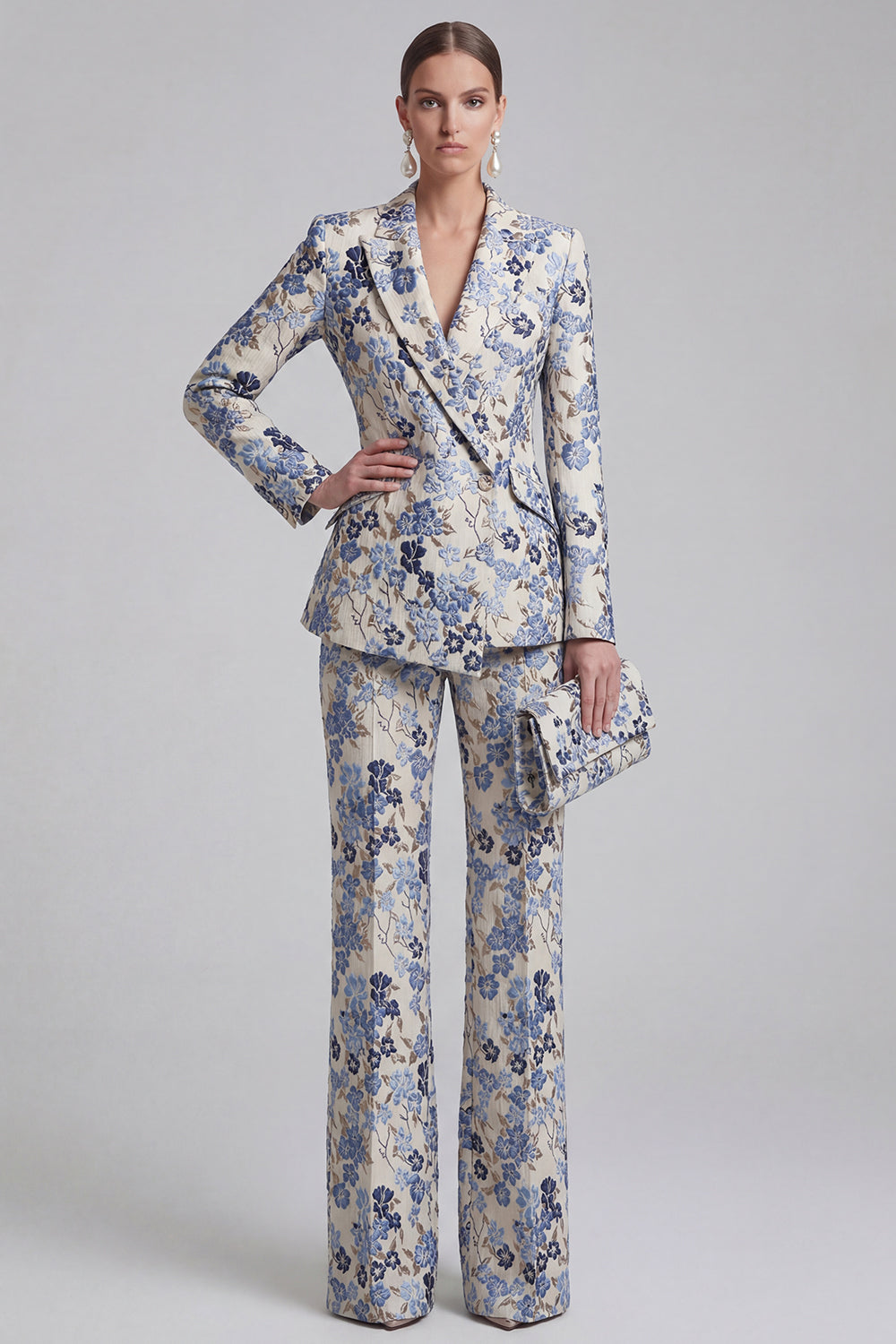 Floral Jacquard Peak Lapel Long Sleeves Champagne Pink 2 Piece Business Suits