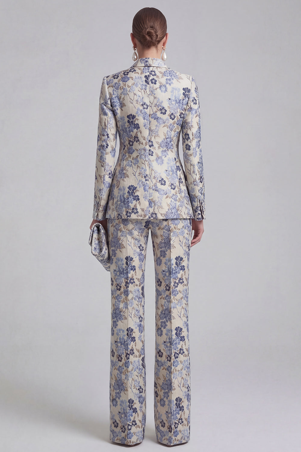 Floral Jacquard Peak Lapel Long Sleeves Champagne Pink 2 Piece Business Suits