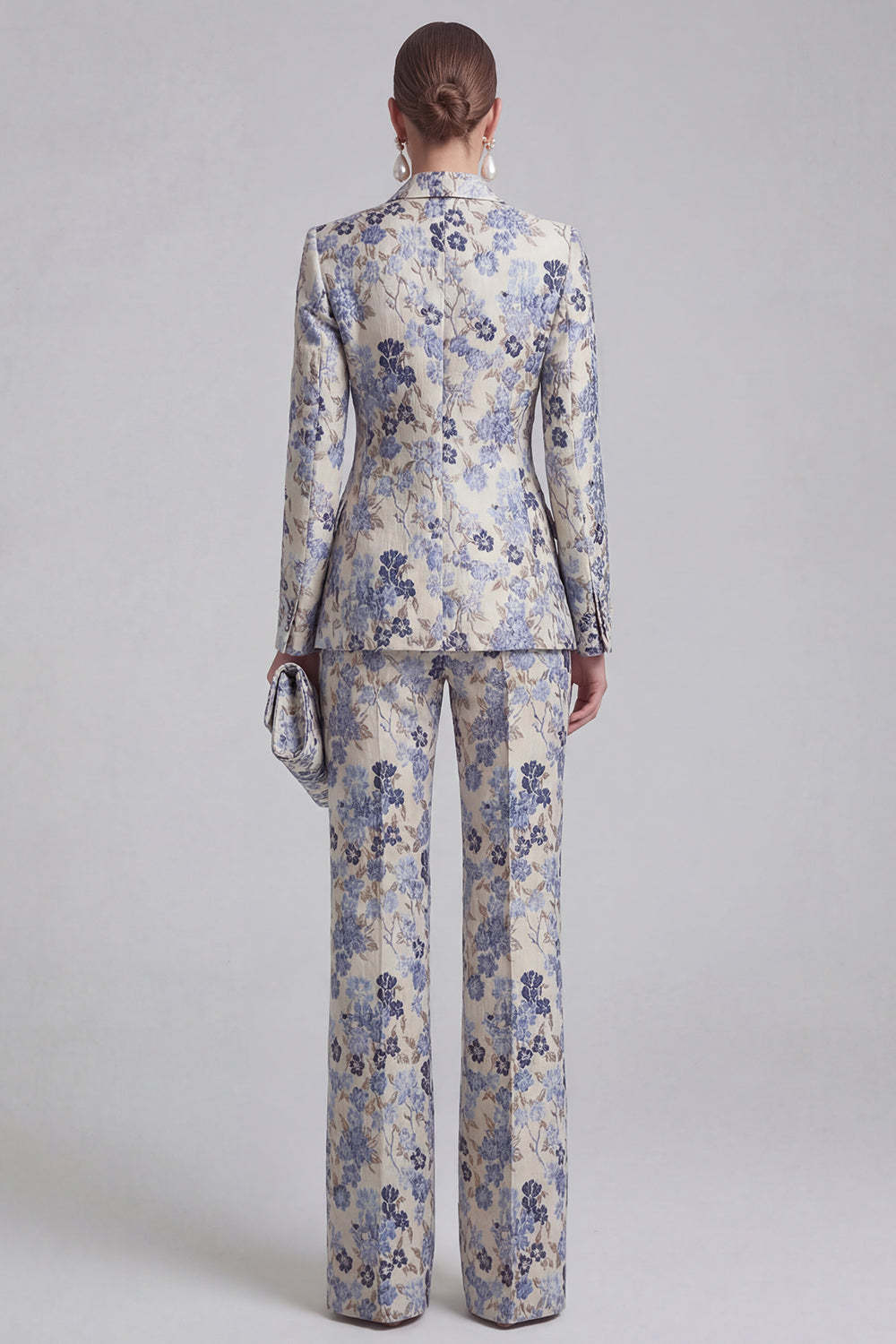 Floral Jacquard Peak Lapel Long Sleeves Champagne Pink 2 Piece Business Suits