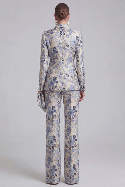 Floral Jacquard Peak Lapel Long Sleeves Champagne Pink 2 Piece Business Suits
