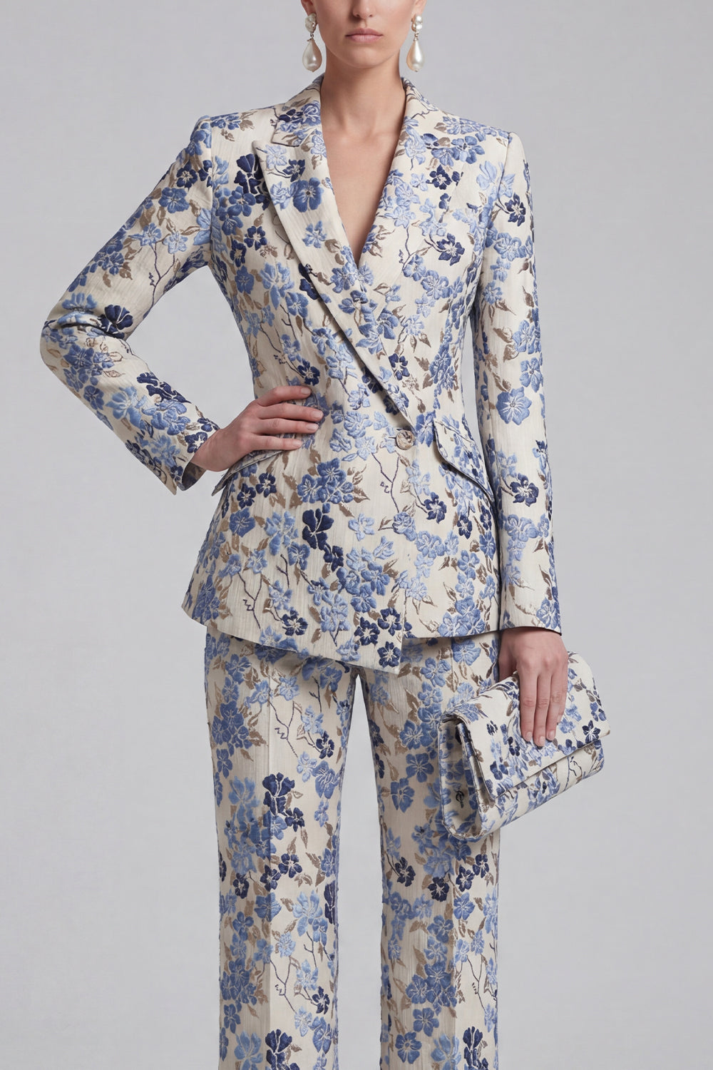 Floral Jacquard Peak Lapel Long Sleeves Champagne Pink 2 Piece Business Suits