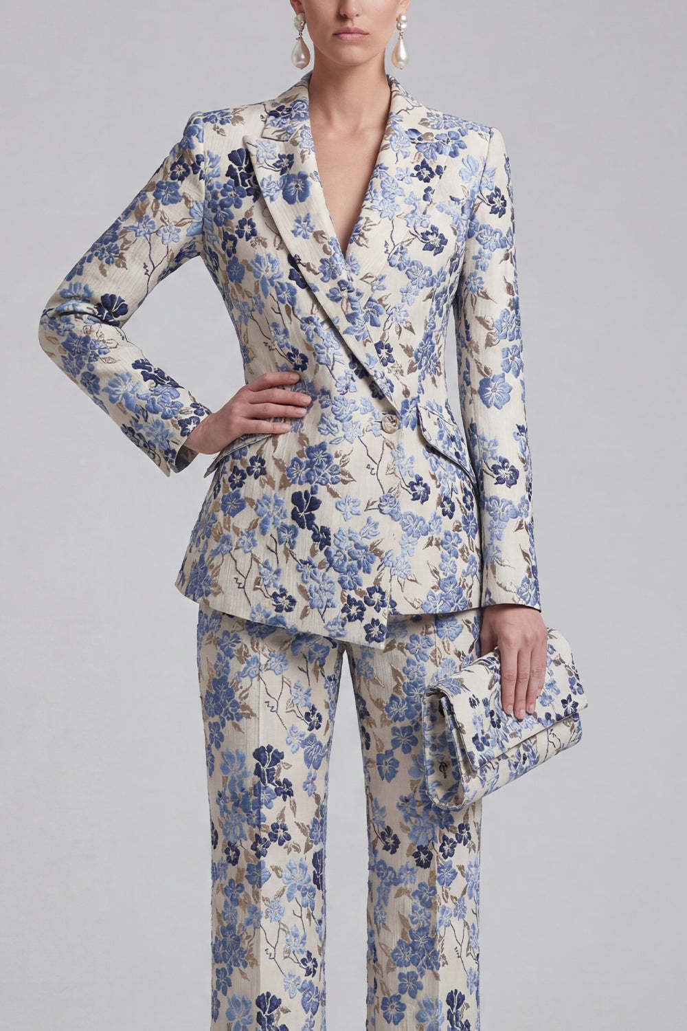 Floral Jacquard Peak Lapel Long Sleeves Champagne Pink 2 Piece Business Suits
