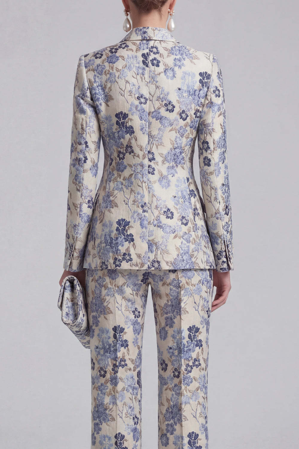 Floral Jacquard Peak Lapel Long Sleeves Champagne Pink 2 Piece Business Suits