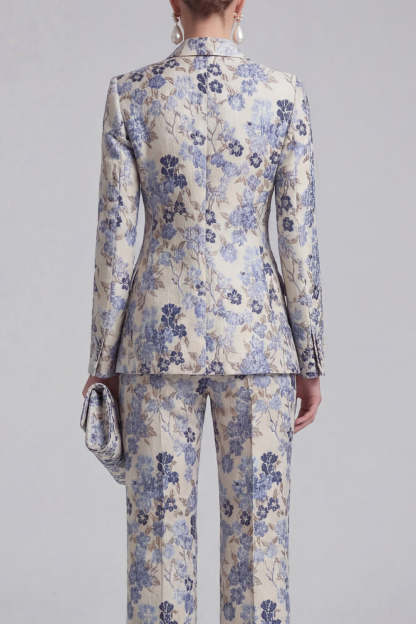 Floral Jacquard Peak Lapel Long Sleeves Champagne Pink 2 Piece Business Suits
