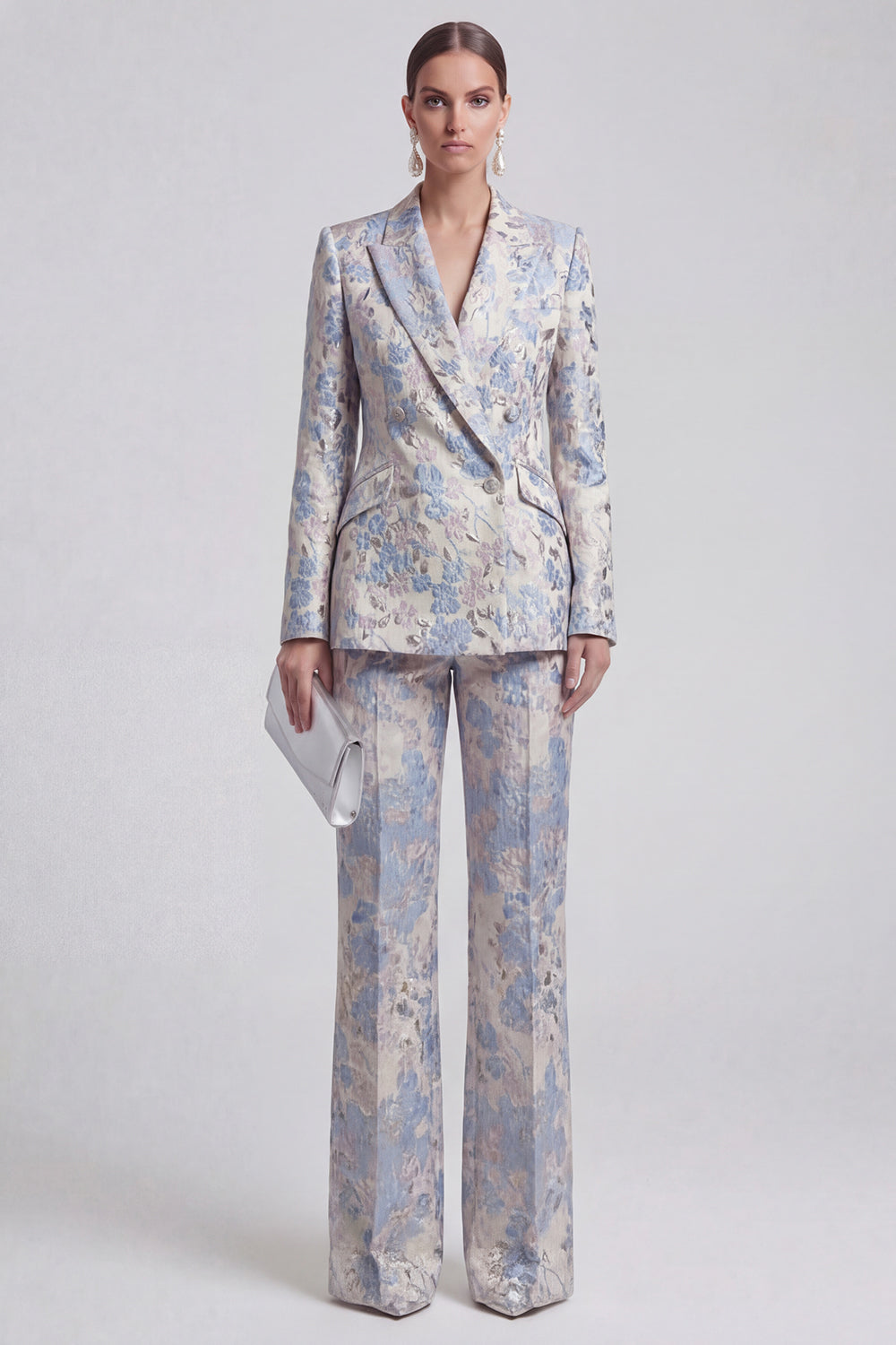 Leely Women Floral Peak Lapel Champagne Pink 2 Piece Business Suits Jacquard Long Sleeves Work Pantsuits