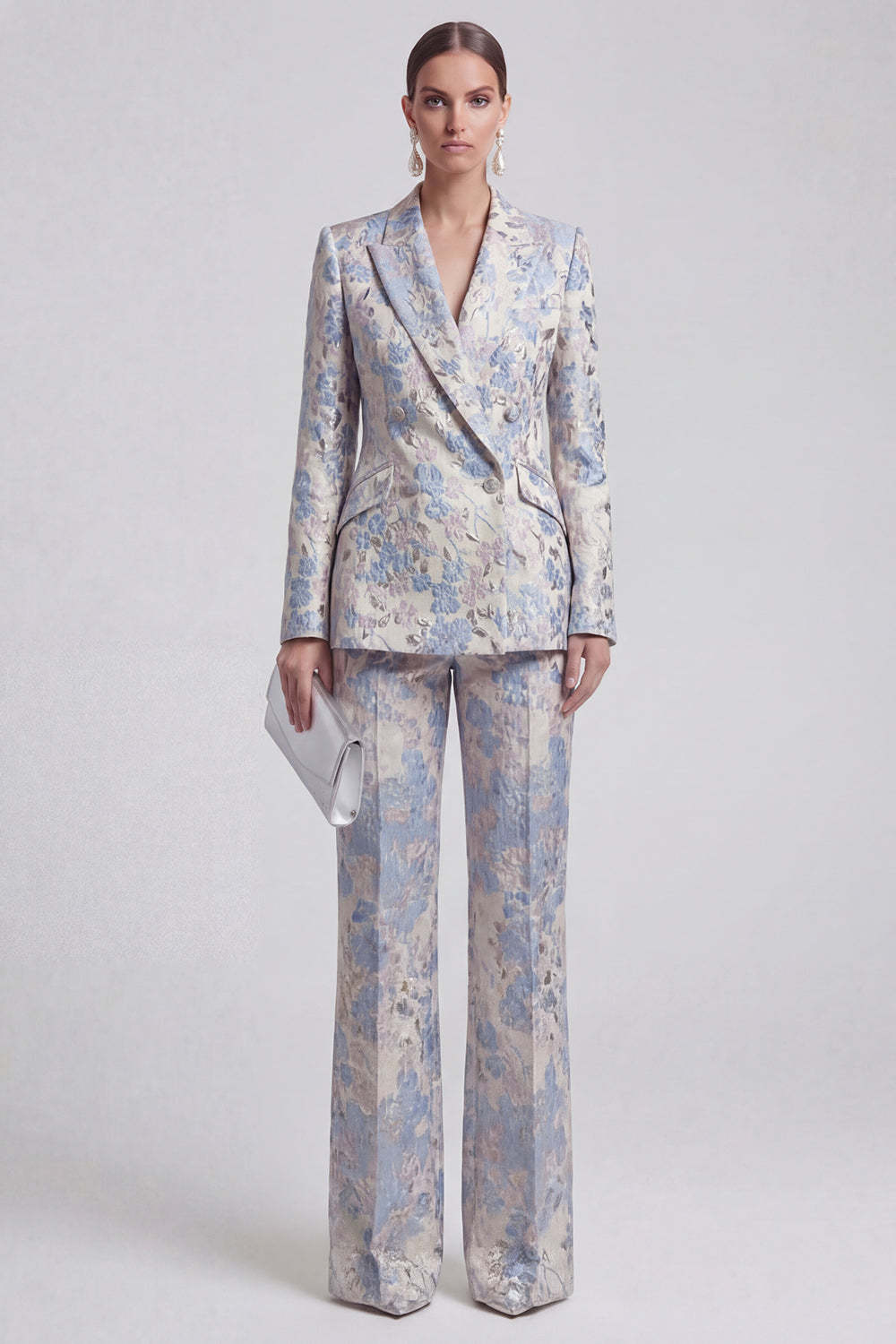 Leely Women Floral Peak Lapel Champagne Pink 2 Piece Business Suits Jacquard Long Sleeves Work Pantsuits