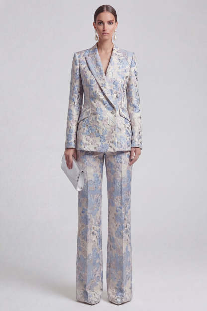 Leely Women Floral Peak Lapel Champagne Pink 2 Piece Business Suits Jacquard Long Sleeves Work Pantsuits