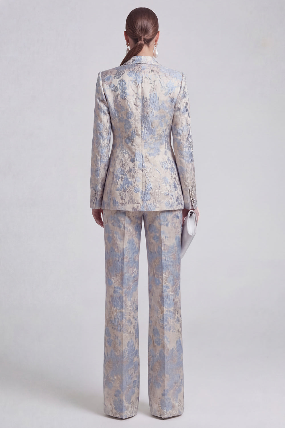 Floral Jacquard Peak Lapel Long Sleeves Champagne Pink 2 Piece Business Suits