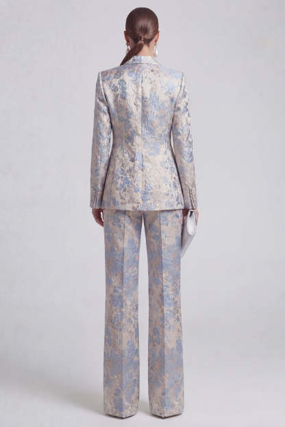 Floral Jacquard Peak Lapel Long Sleeves Champagne Pink 2 Piece Business Suits