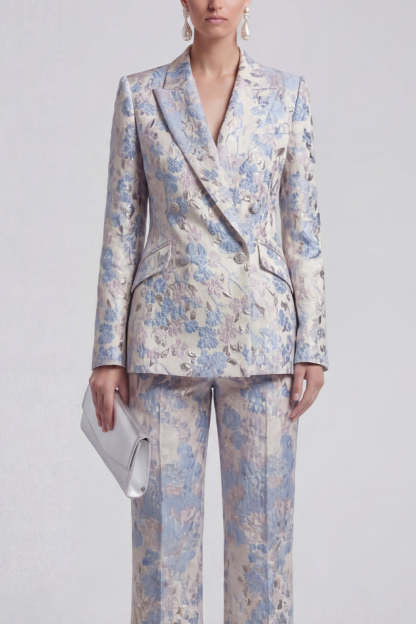 Floral Jacquard Peak Lapel Long Sleeves Champagne Pink 2 Piece Business Suits