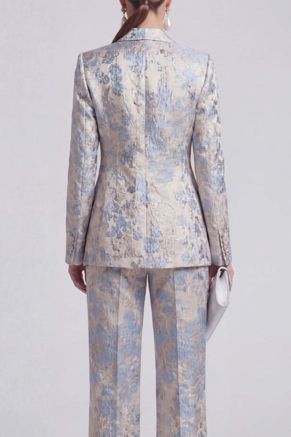 Floral Jacquard Peak Lapel Long Sleeves Champagne Pink 2 Piece Business Suits