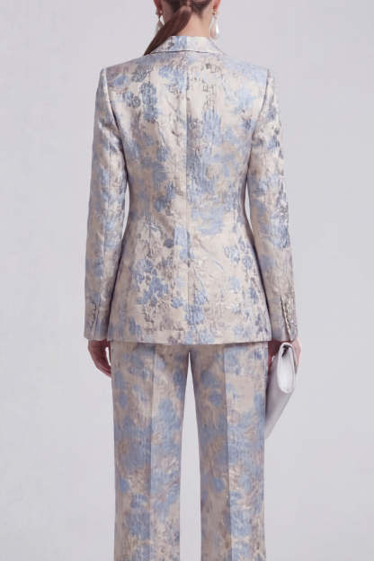 Floral Jacquard Peak Lapel Long Sleeves Champagne Pink 2 Piece Business Suits
