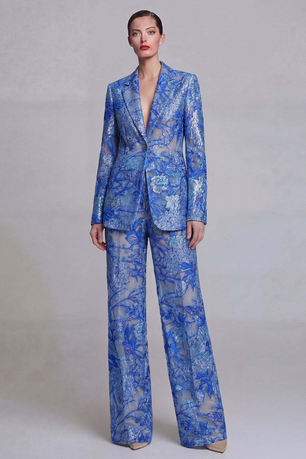 Leely Women Floral Peak Lapel Dark Blue 2 Piece Business Suits Appliqued Long Sleeves Women Pantsuits
