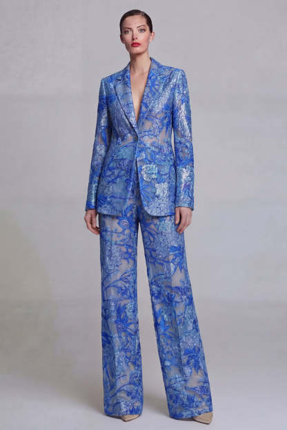 Leely Women Floral Peak Lapel Dark Blue 2 Piece Business Suits Appliqued Long Sleeves Women Pantsuits