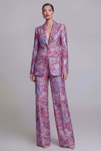 Floral Peak Lapel Dark Blue Appliqued 2 Piece Business Suits