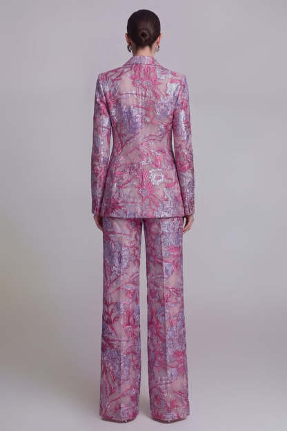 Floral Peak Lapel Dark Blue Appliqued 2 Piece Business Suits
