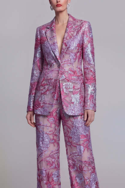 Floral Peak Lapel Dark Blue Appliqued 2 Piece Business Suits
