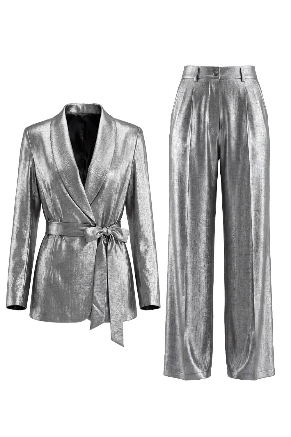 2 Piece Shawl Lapel Grey Ruched Business Suits with Bow