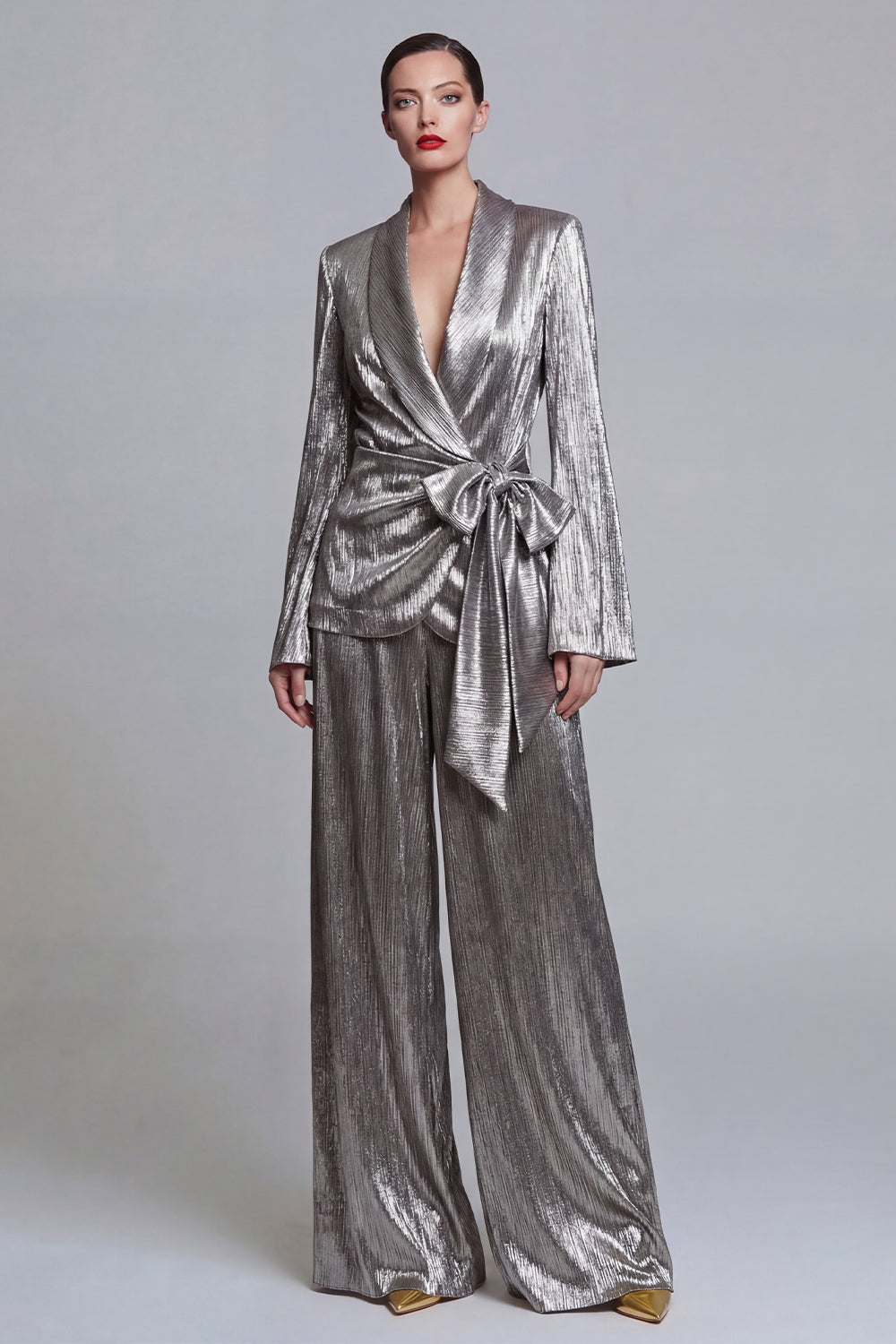 Leely Women 2 Piece Shawl Lapel Grey Business Suits with Bow Ruched Long Sleeves Work Pantsuits