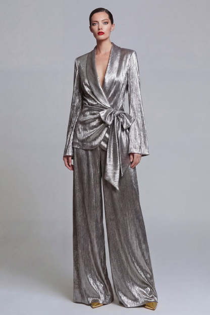 Leely Women 2 Piece Shawl Lapel Grey Business Suits with Bow Ruched Long Sleeves Work Pantsuits