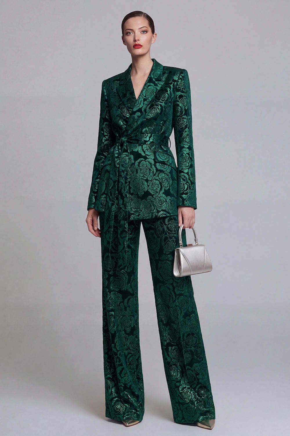Leely Women 2 Piece Peak Lapel Floral Dark Green Business Suits Long Sleeves Appliqued Work Pantsuits