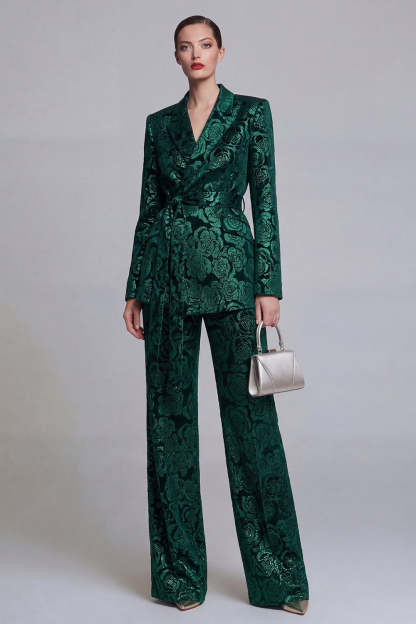Leely Women 2 Piece Peak Lapel Floral Dark Green Business Suits Long Sleeves Appliqued Work Pantsuits