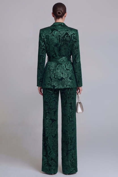 2 Piece Peak Lapel Floral Dark Green Long Sleeves Business Suits