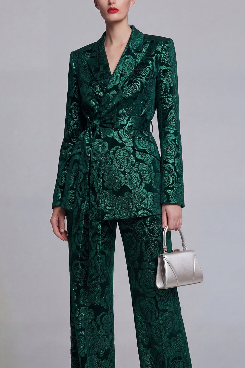 2 Piece Peak Lapel Floral Dark Green Long Sleeves Business Suits