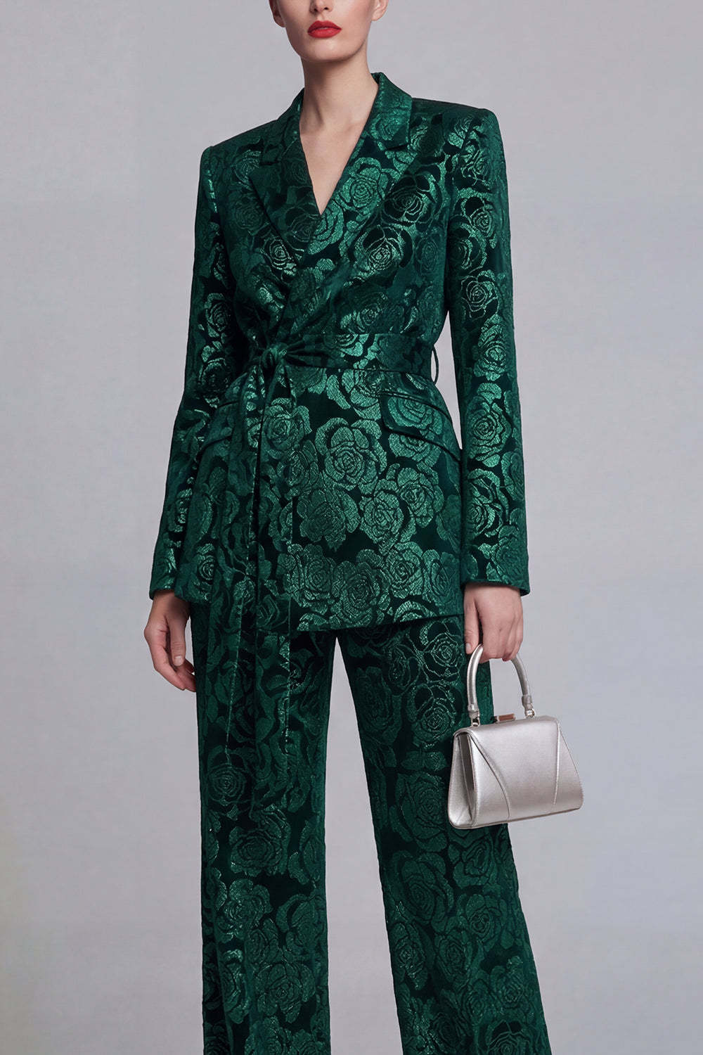 2 Piece Peak Lapel Floral Dark Green Long Sleeves Business Suits