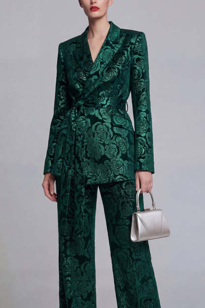 2 Piece Peak Lapel Floral Dark Green Long Sleeves Business Suits