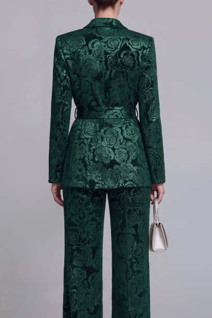 2 Piece Peak Lapel Floral Dark Green Long Sleeves Business Suits