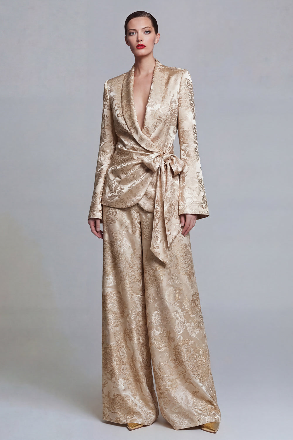 Leely Women 2 Piece Shawl Lapel Champagne Floral Business Suits Jacquard Long Sleeves Work Pantsuits