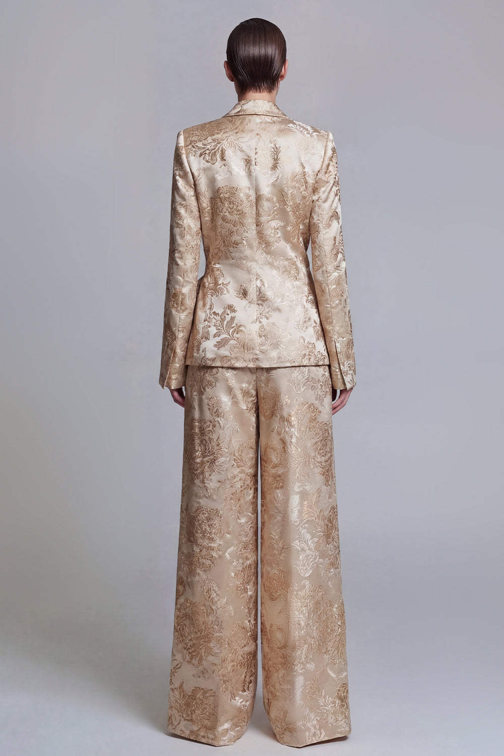 2 Piece Shawl Lapel Champagne Jacquard Floral Business Suits