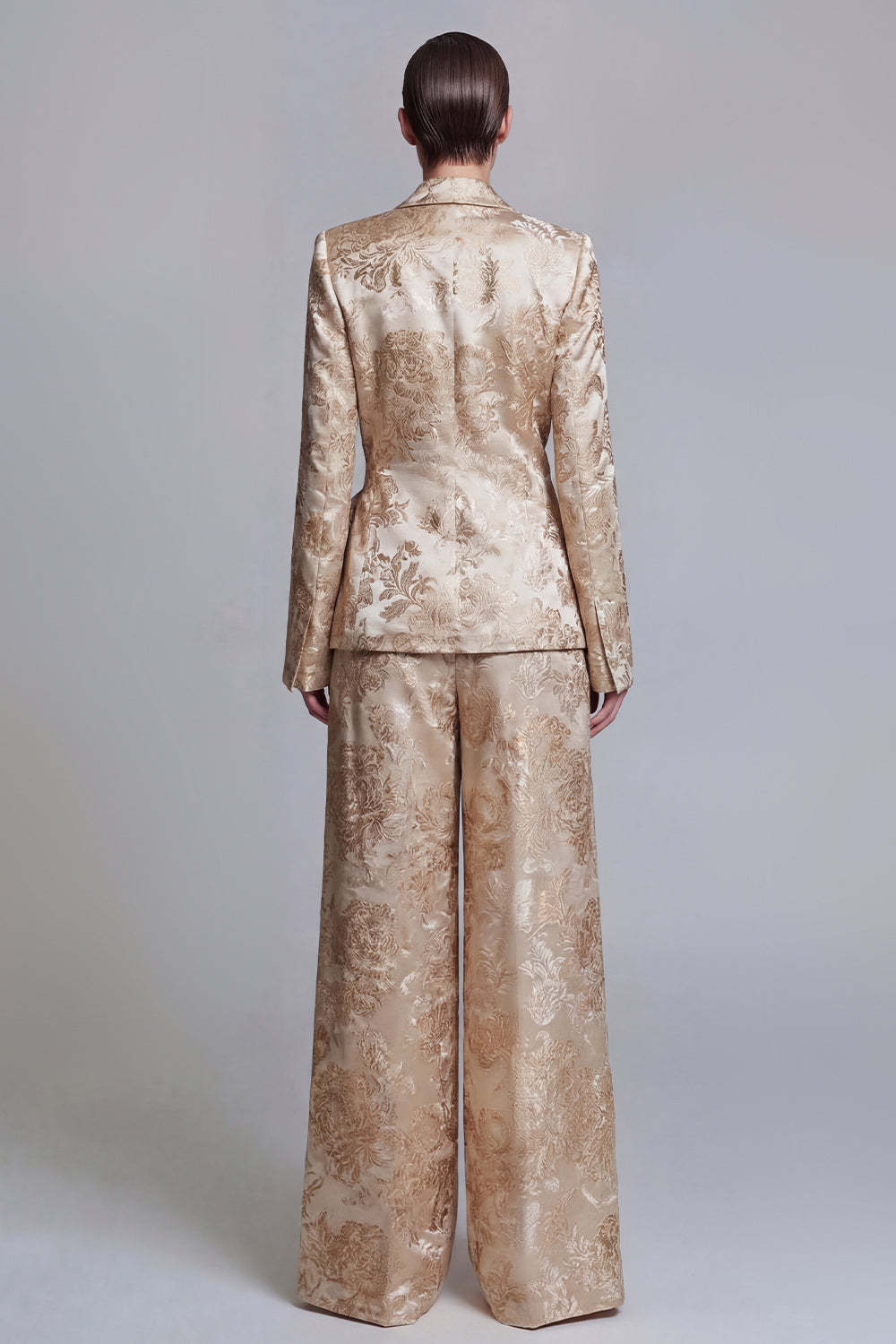 2 Piece Shawl Lapel Champagne Jacquard Floral Business Suits