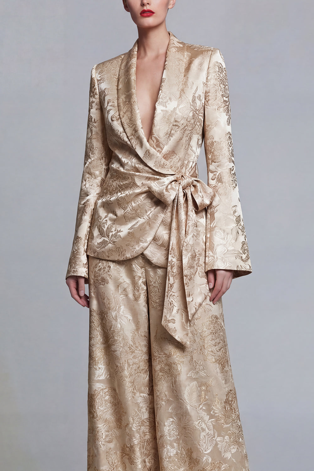 2 Piece Shawl Lapel Champagne Jacquard Floral Business Suits