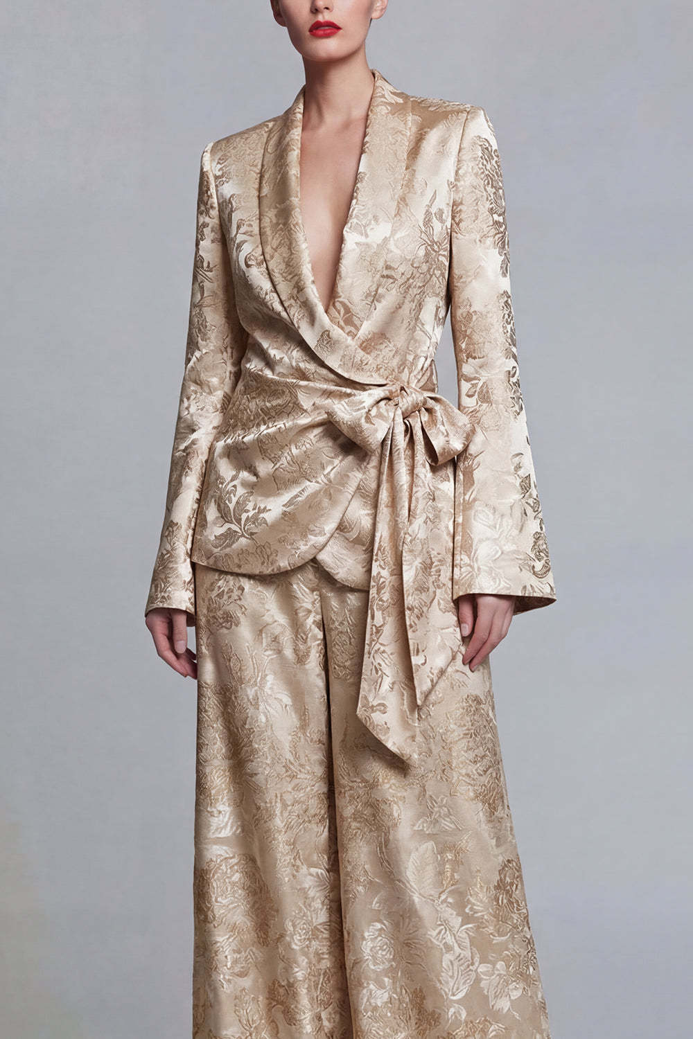 2 Piece Shawl Lapel Champagne Jacquard Floral Business Suits