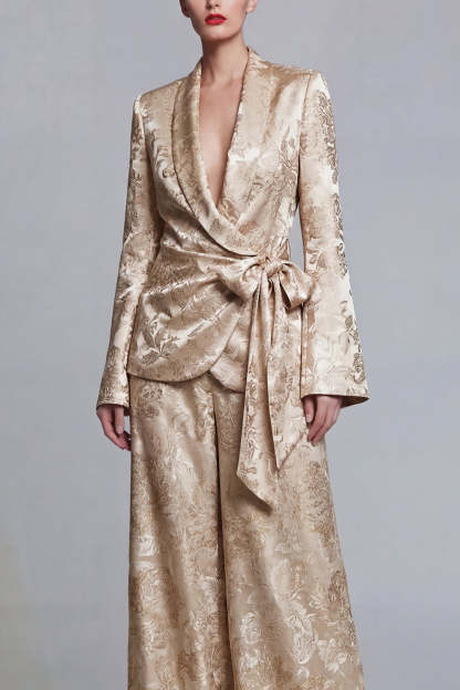 2 Piece Shawl Lapel Champagne Jacquard Floral Business Suits