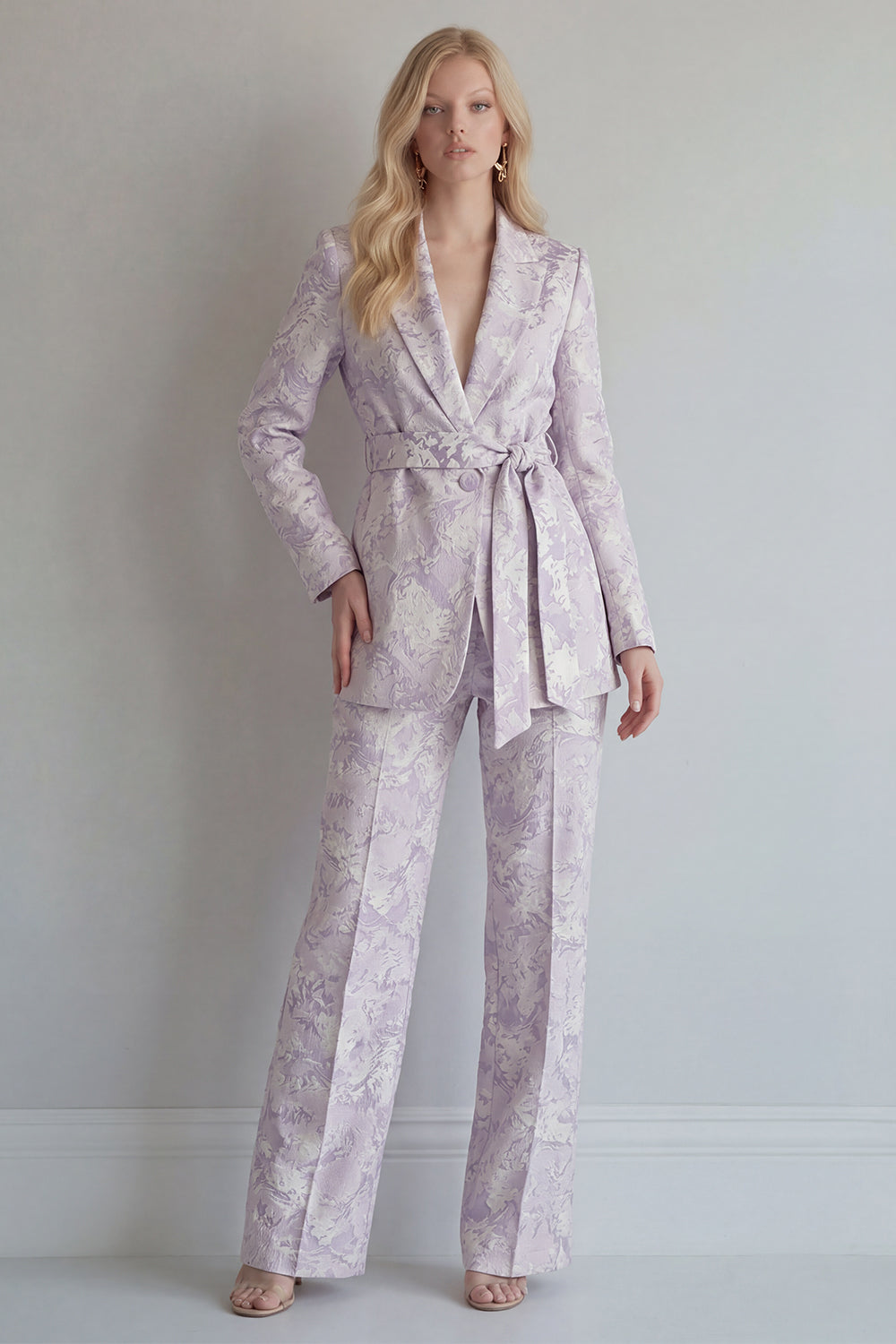 Leely Women Lilac 2 Piece Peak Lapel Floral Business Suits Long Sleeves Breasted Work Pantsuits with Belt