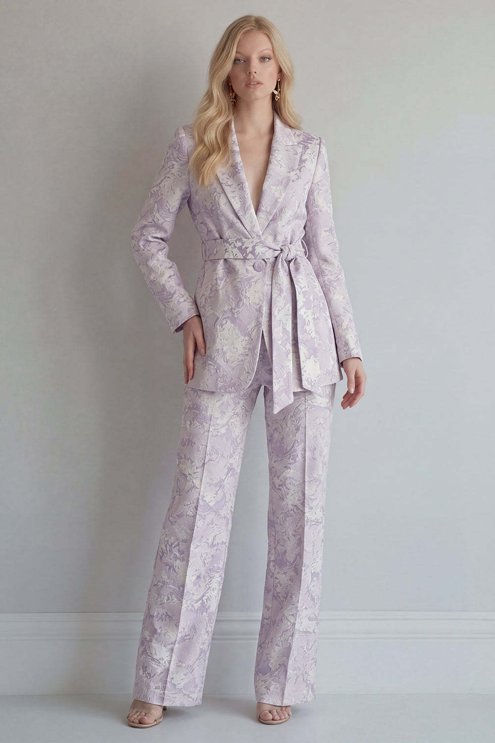 Leely Women Lilac 2 Piece Peak Lapel Floral Business Suits Long Sleeves Breasted Work Pantsuits with Belt