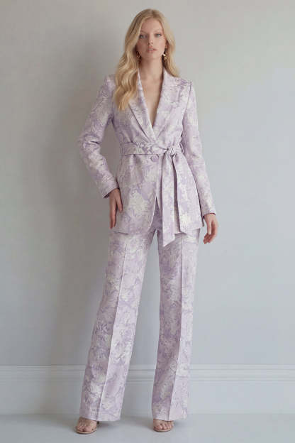 Leely Women Lilac 2 Piece Peak Lapel Floral Business Suits Long Sleeves Breasted Work Pantsuits with Belt
