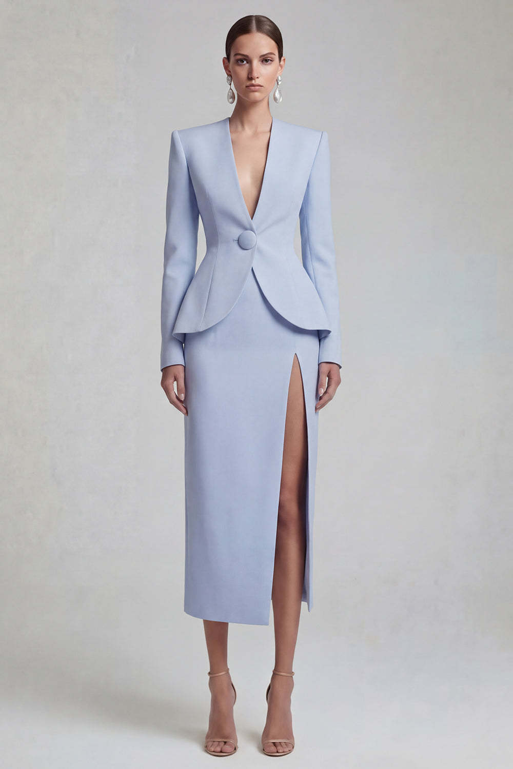 Green Single Breasted Sheath Long Sleeves 2 Piece Blazer Dress with Slit