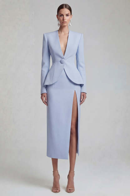 Green Single Breasted Sheath Long Sleeves 2 Piece Blazer Dress with Slit