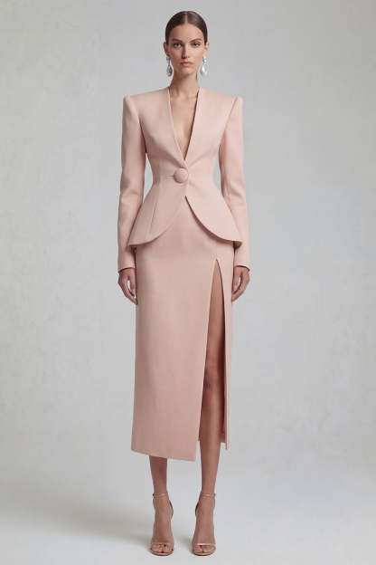 Green Single Breasted Sheath Long Sleeves 2 Piece Blazer Dress with Slit