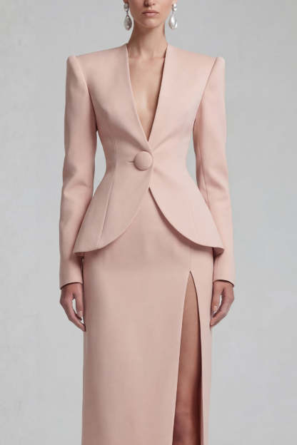 Green Single Breasted Sheath Long Sleeves 2 Piece Blazer Dress with Slit