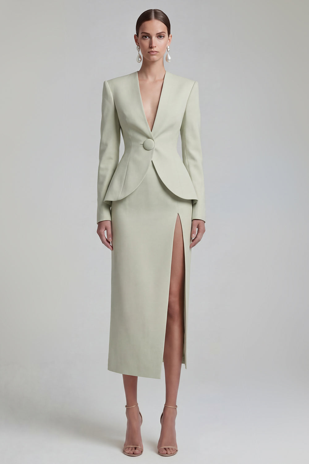 Leely Women Green Single Breasted Sheath 2 Piece Blazer Dress with Slit Long Sleeves V Neck Work Dress