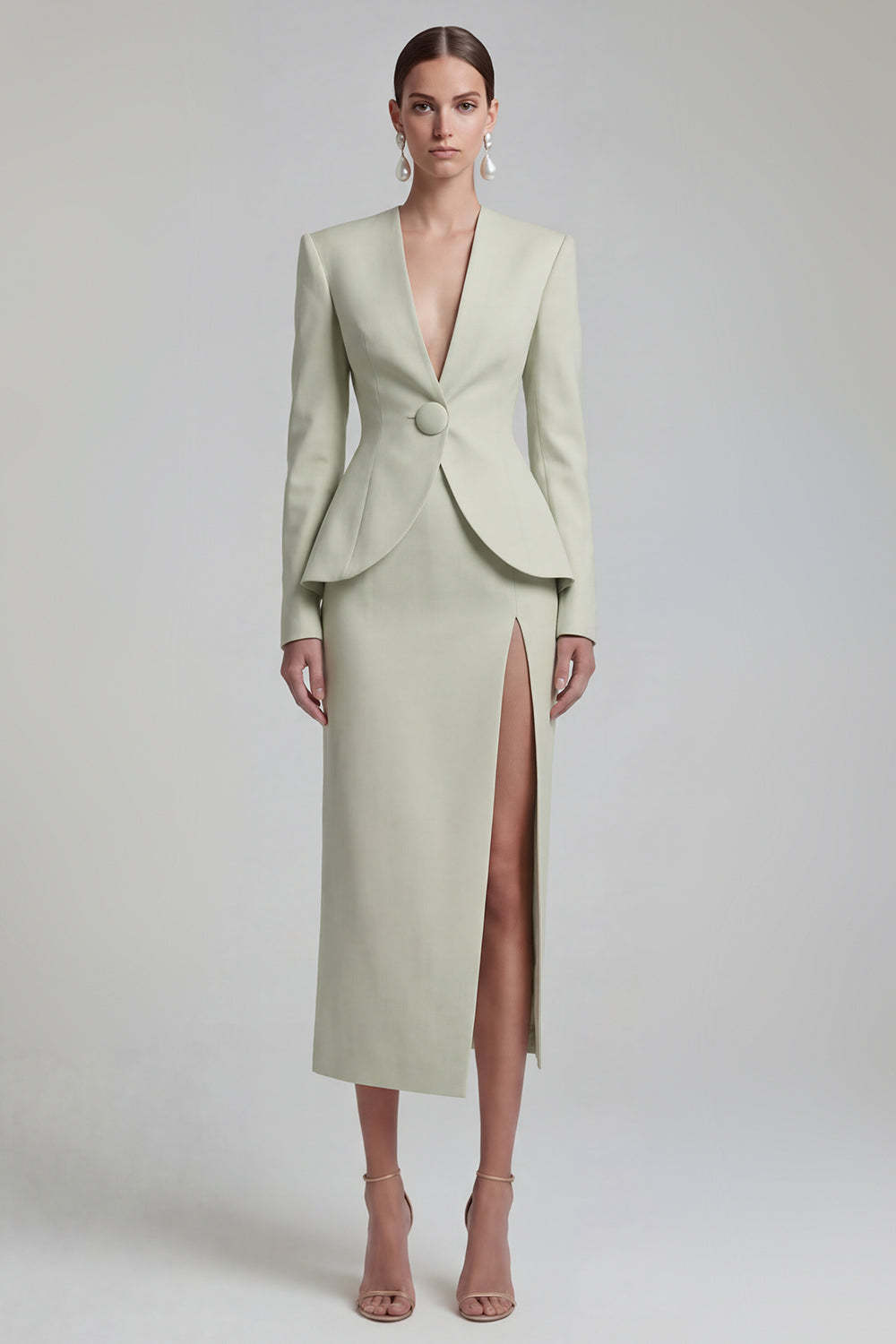 Leely Women Green Single Breasted Sheath 2 Piece Blazer Dress with Slit Long Sleeves V Neck Work Dress