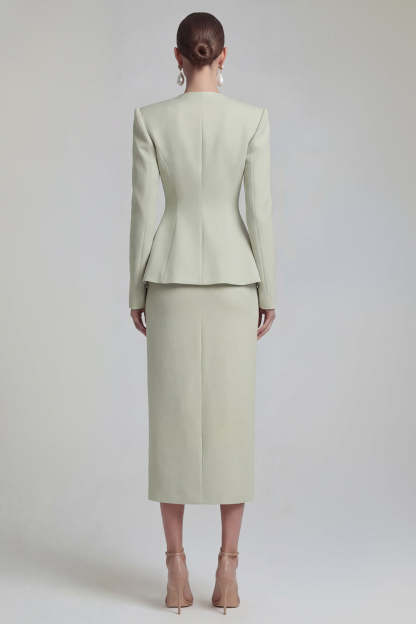 Green Single Breasted Sheath Long Sleeves 2 Piece Blazer Dress with Slit